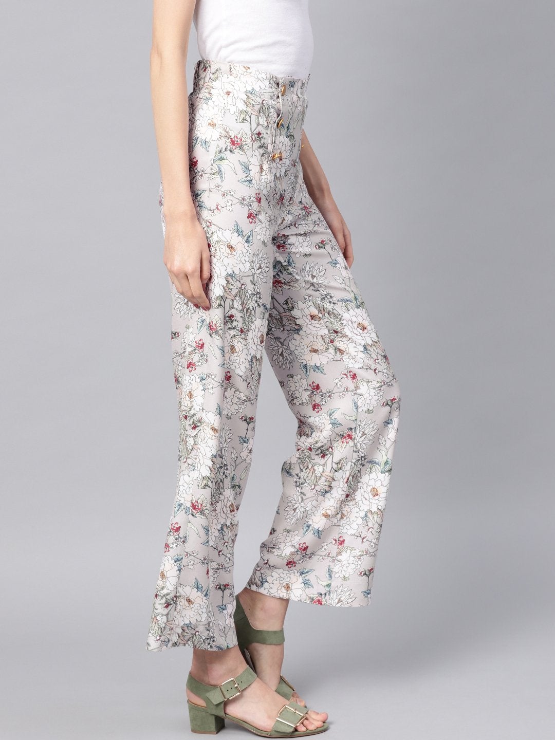 Women's Grey Floral Button Detail Pants - SASSAFRAS