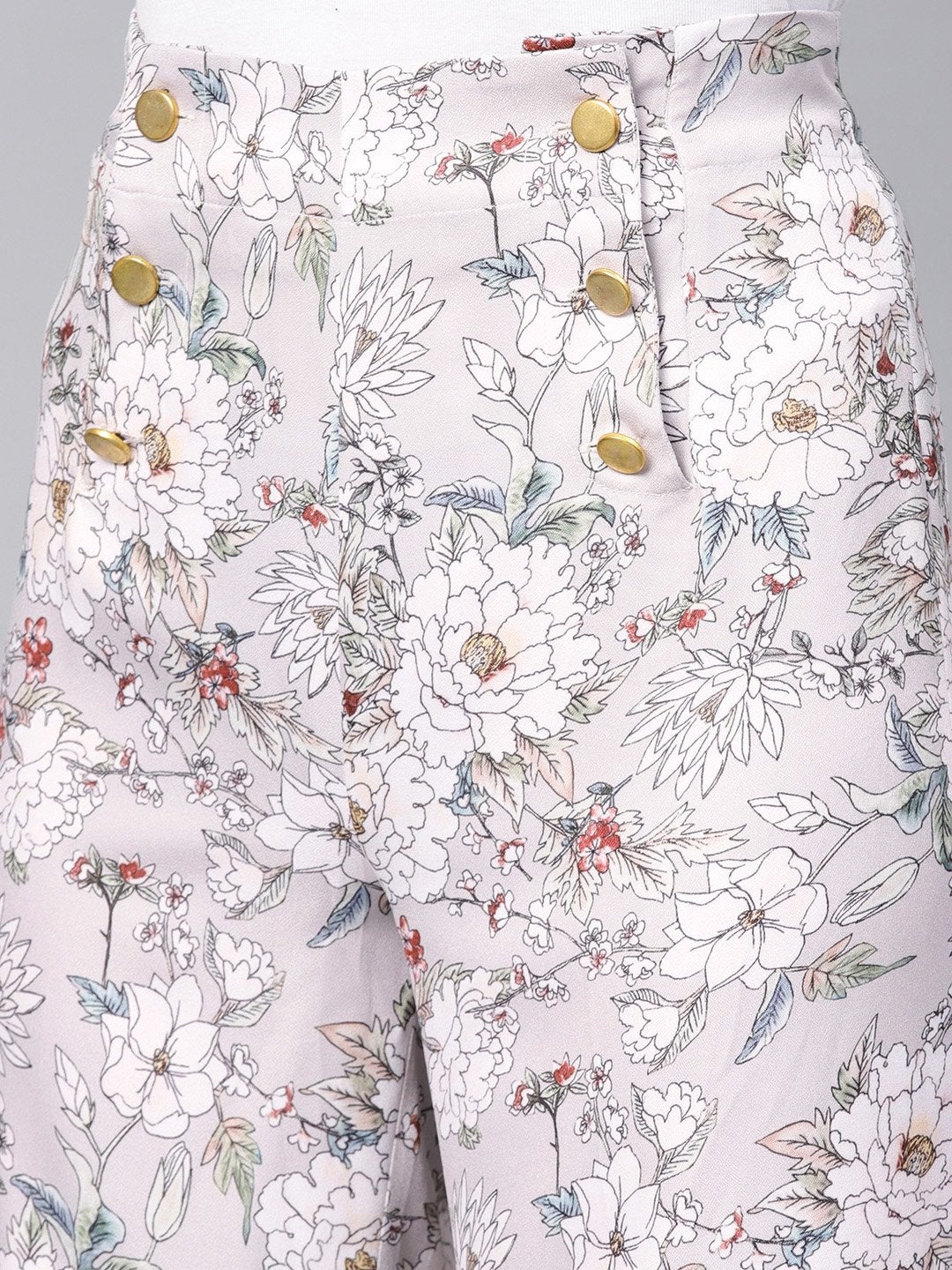 Women's Grey Floral Button Detail Pants - SASSAFRAS