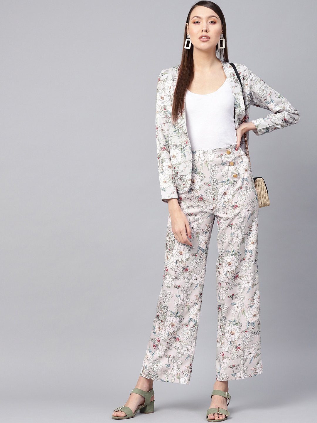 Women's Grey Floral Button Detail Pants - SASSAFRAS