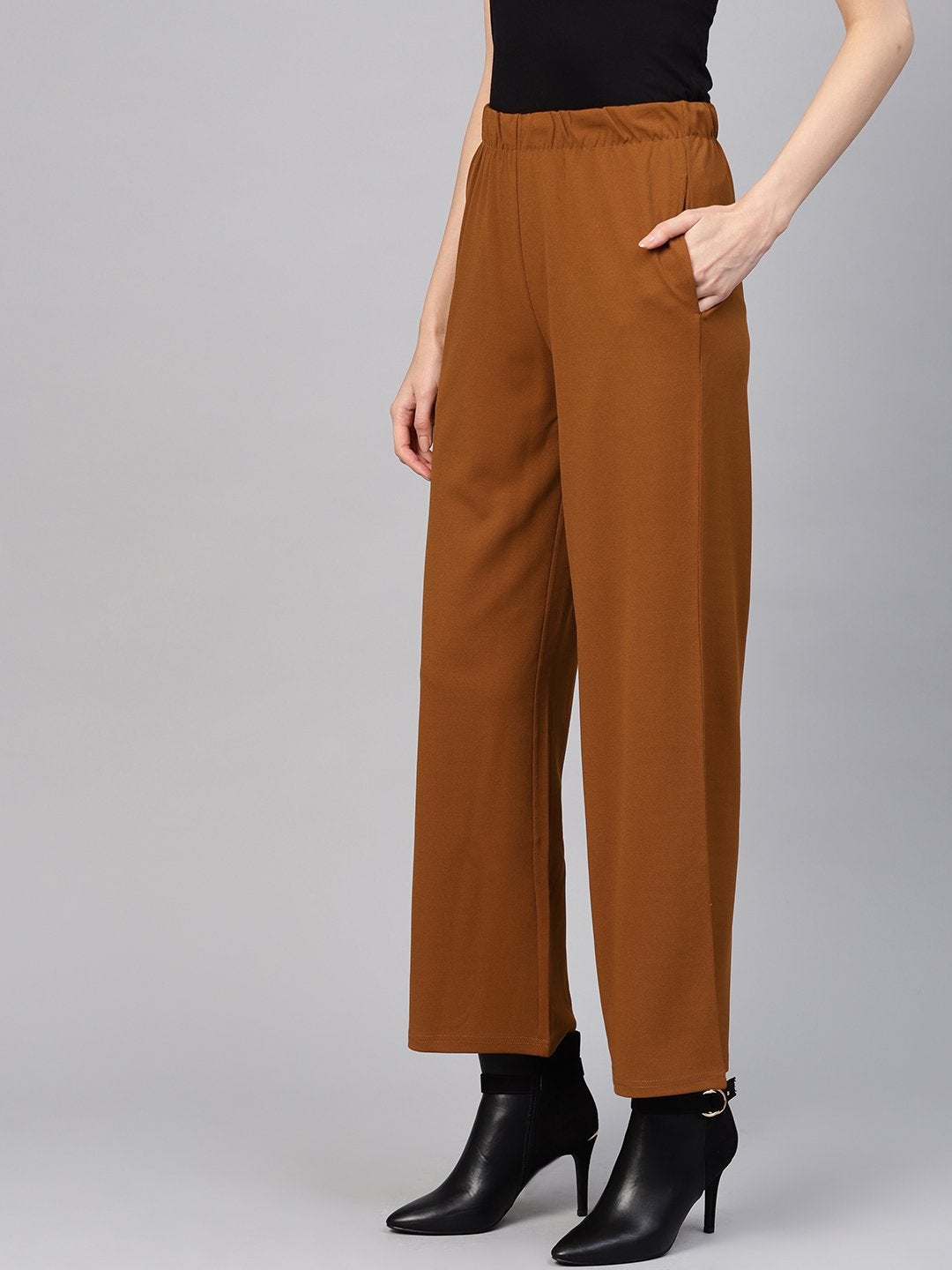 Women's Brown Inlay Pocket Palazzo Pants - SASSAFRAS