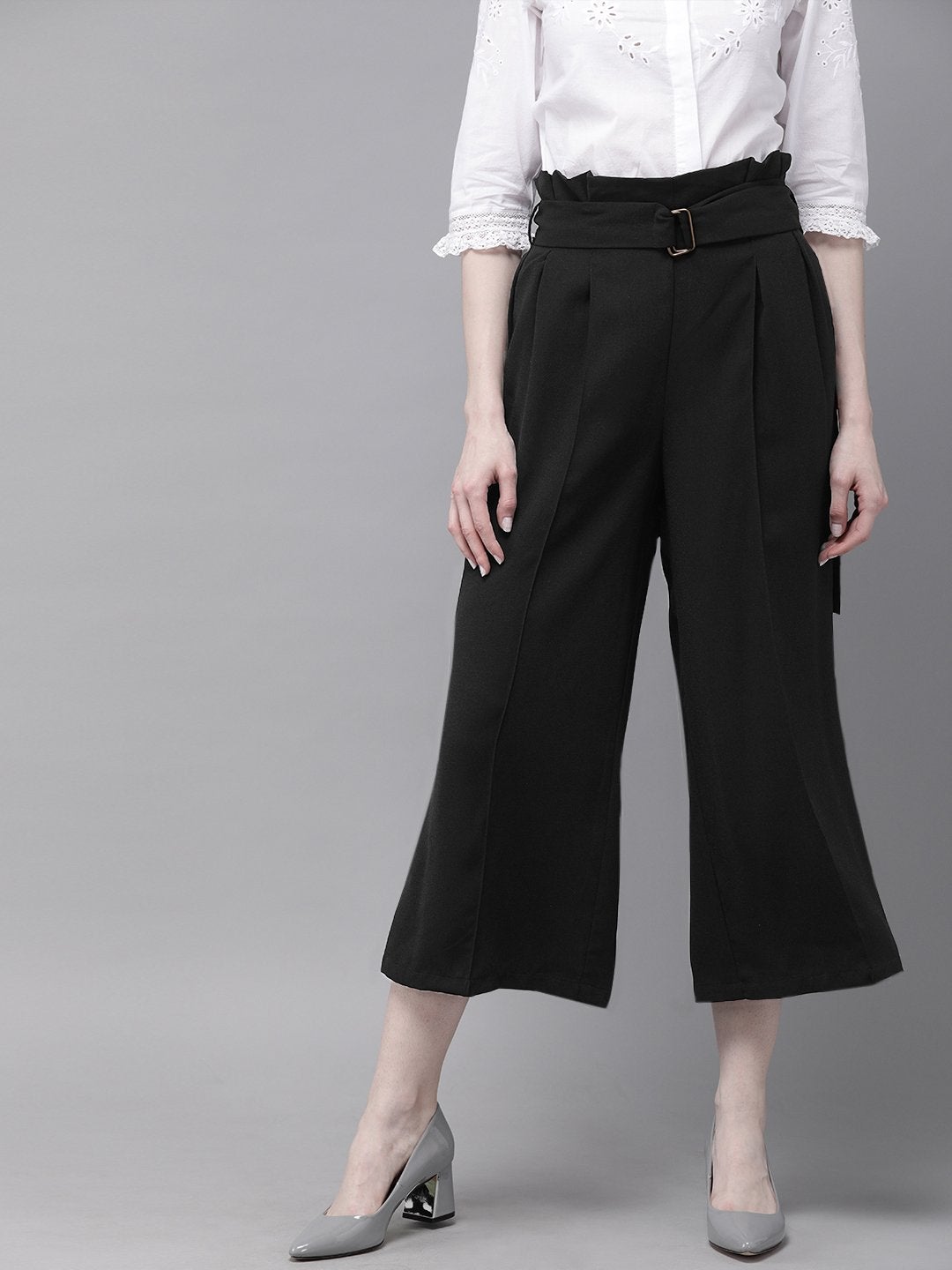 Women's Black Paper Bag Waist Culottes - SASSAFRAS