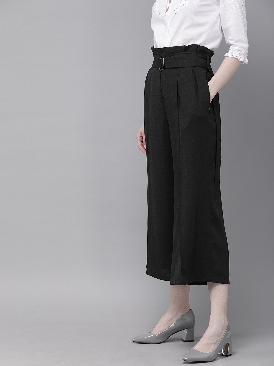 Women's Black Paper Bag Waist Culottes - SASSAFRAS