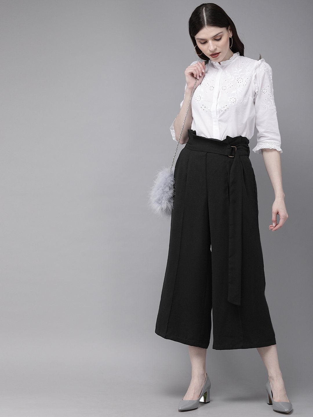 Women's Black Paper Bag Waist Culottes - SASSAFRAS