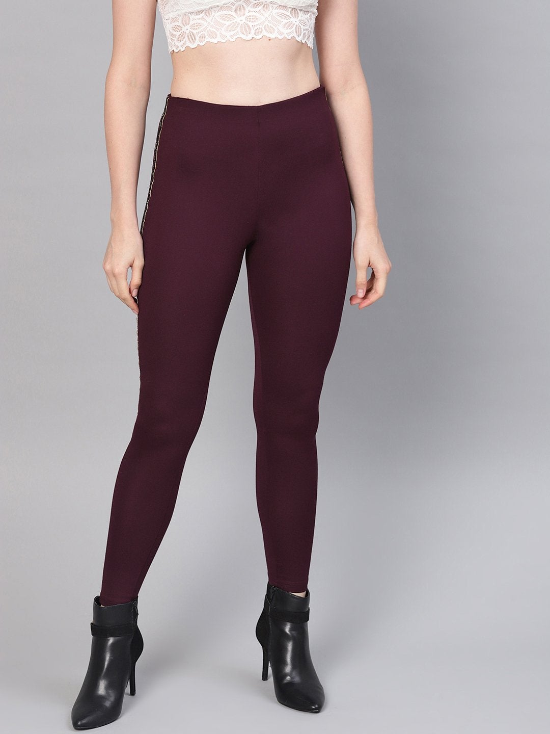 Women's Burgundy Blingy Side Tape Jegging - SASSAFRAS