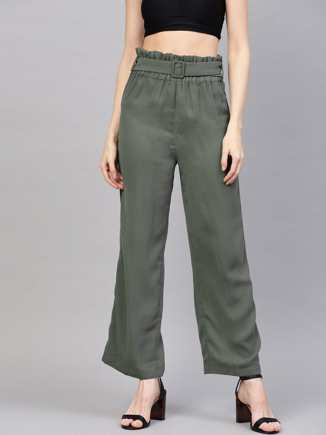 Women's Olive Paper Bag Belted Pant - SASSAFRAS