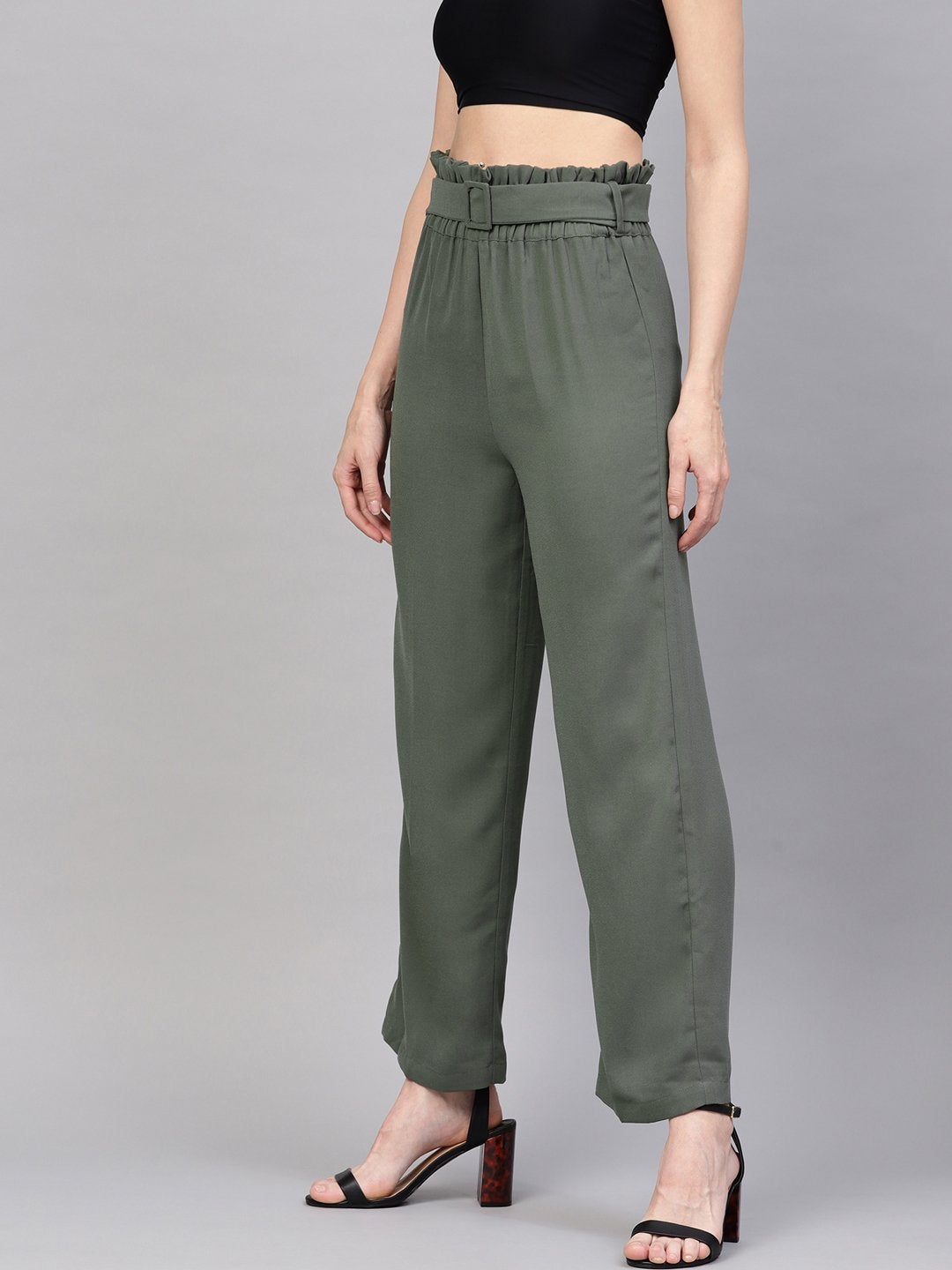 Women's Olive Paper Bag Belted Pant - SASSAFRAS