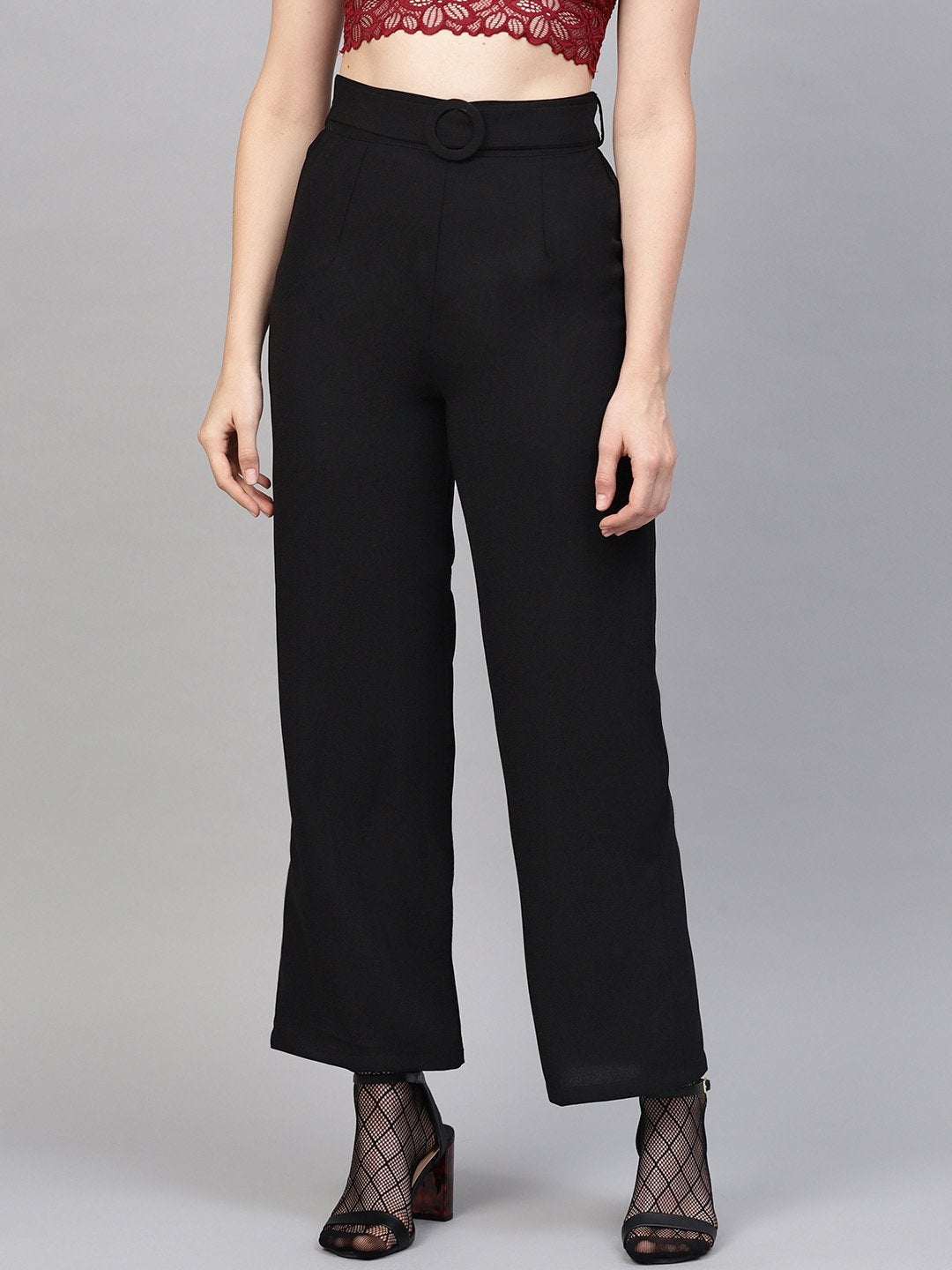 Women's Black Flared Buckle Belted Pant