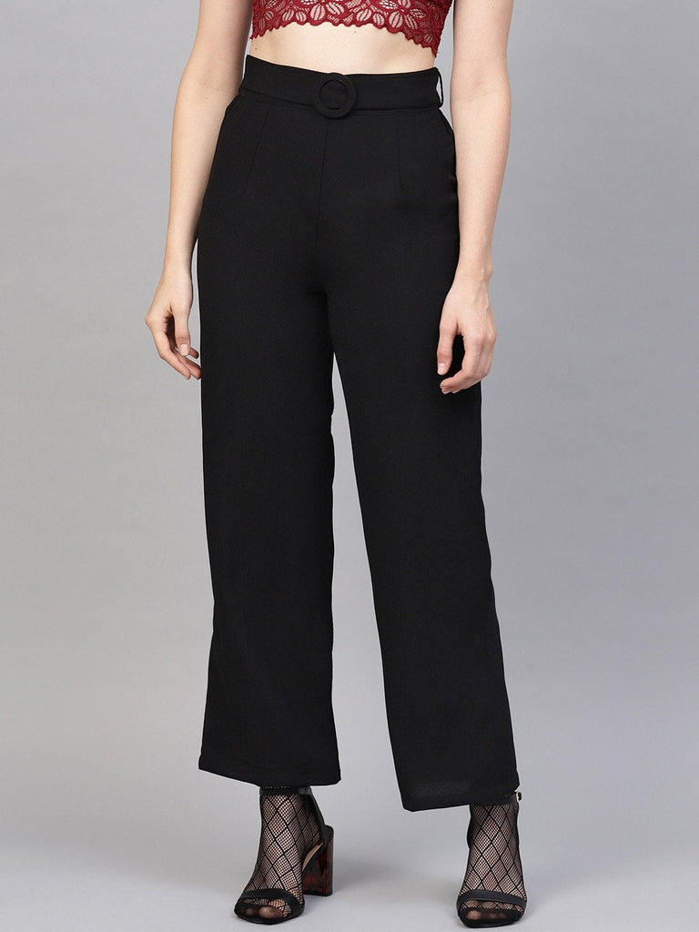 Women's Black Flared Buckle Belted Pant