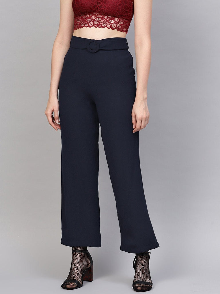 Women's Navy Flared Buckle Belted Pant