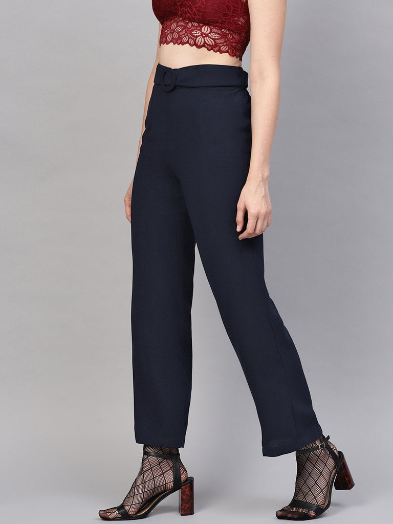 Women's Navy Flared Buckle Belted Pant