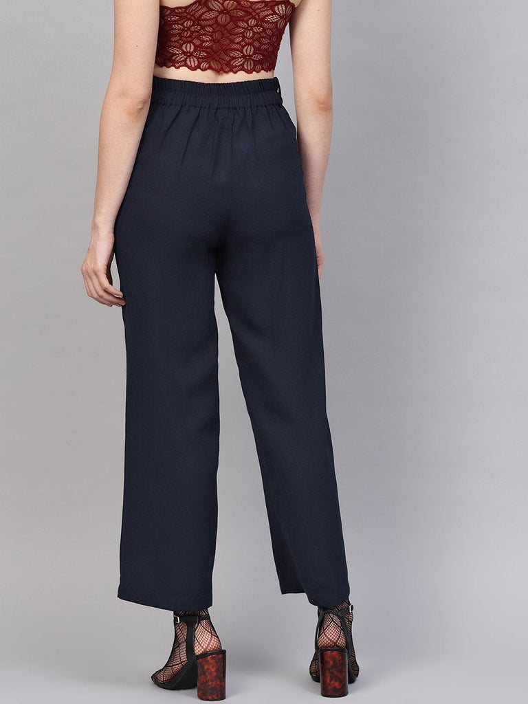 Women's Navy Flared Buckle Belted Pant