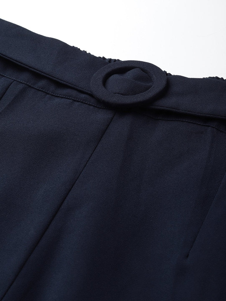 Women's Navy Flared Buckle Belted Pant