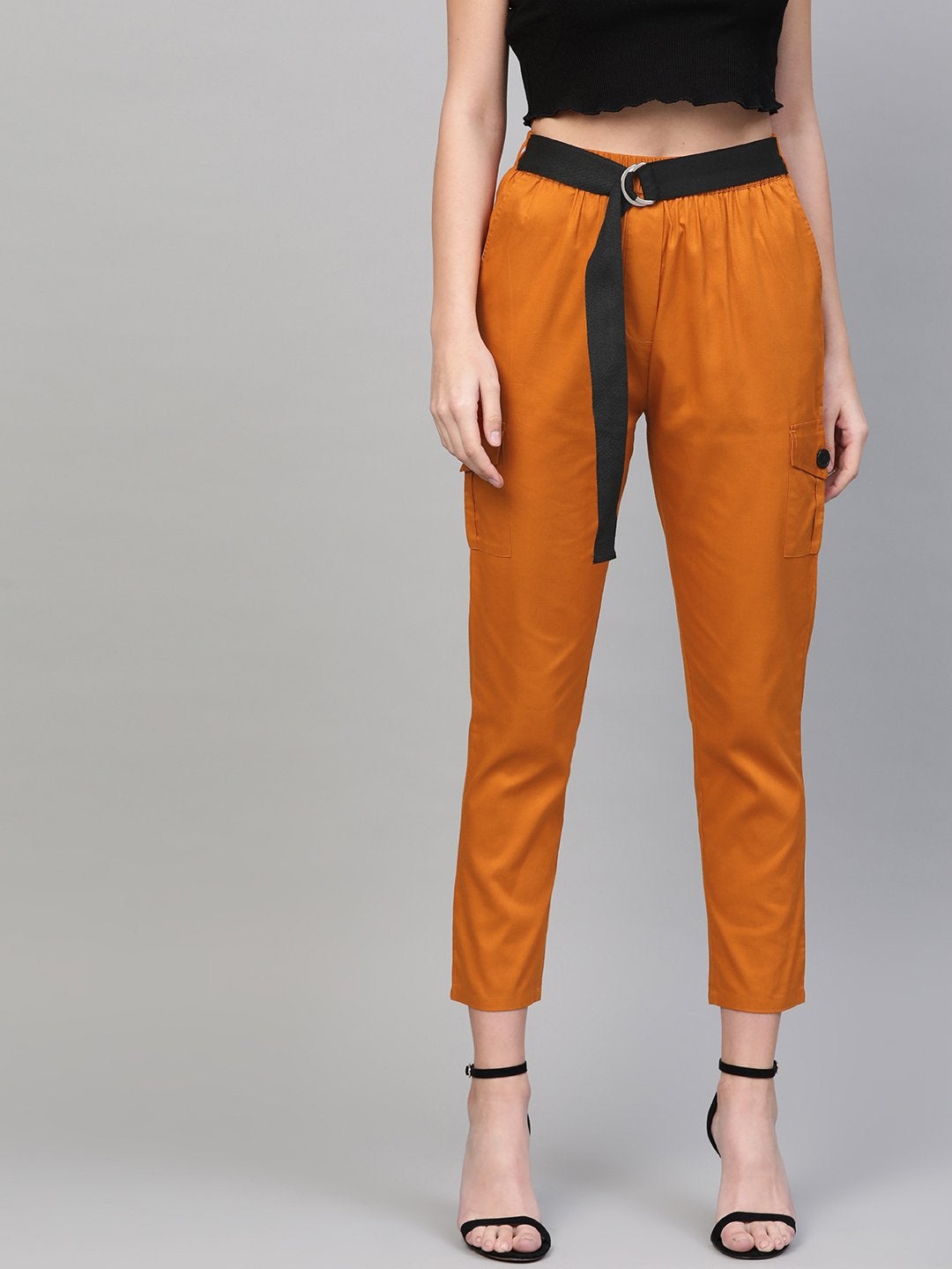 Women's Orange Tapered Belted Pants - SASSAFRAS