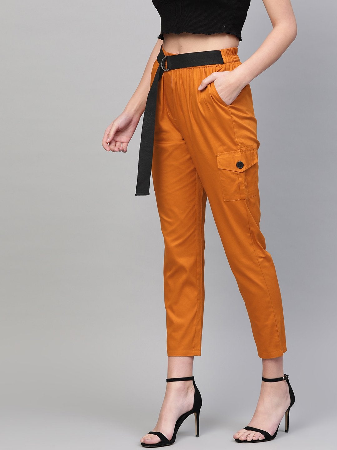 Women's Orange Tapered Belted Pants - SASSAFRAS