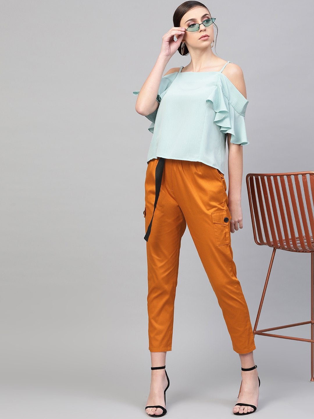 Women's Orange Tapered Belted Pants - SASSAFRAS