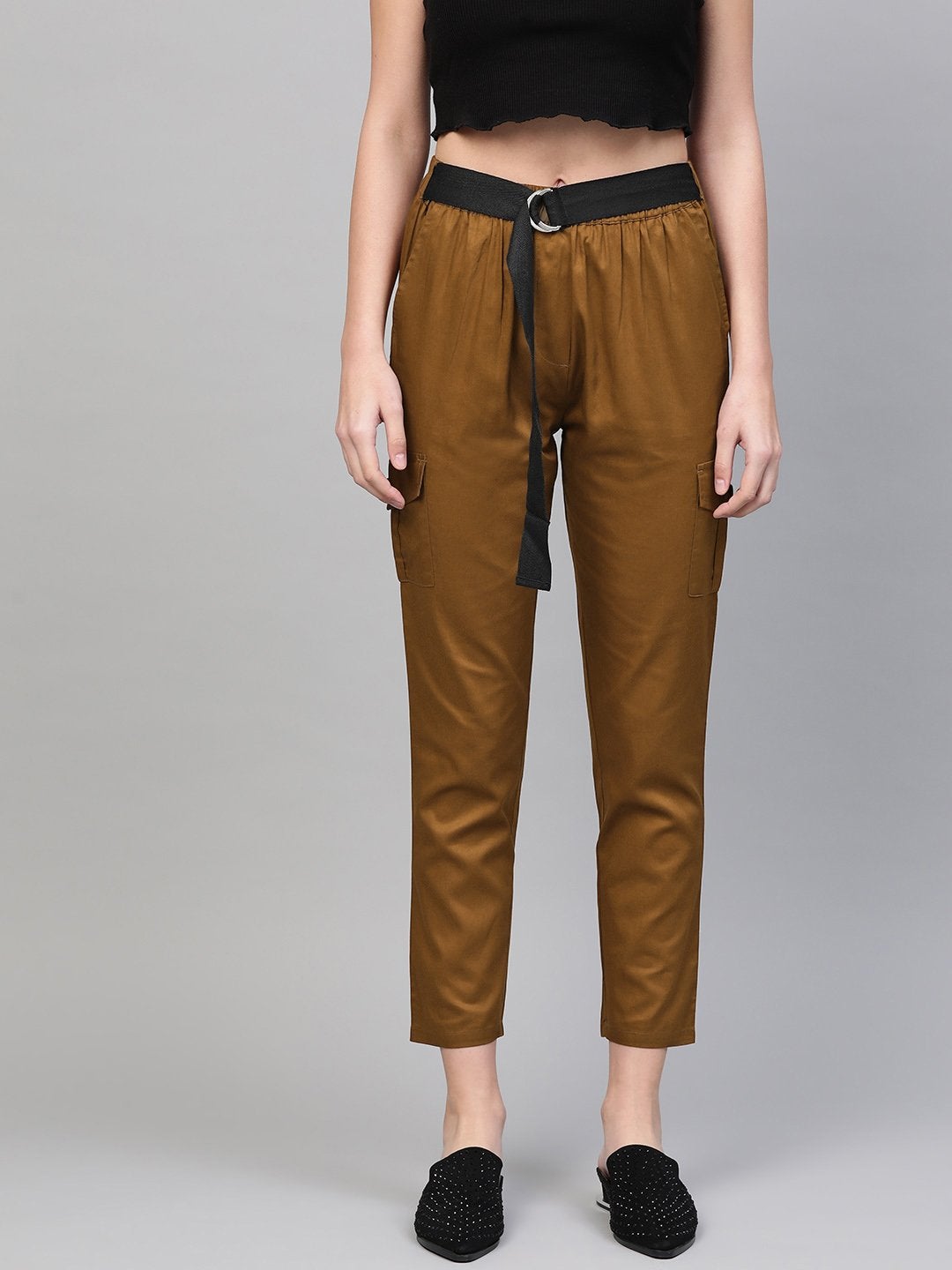 Women's Brown Tapered Belted Pants - SASSAFRAS