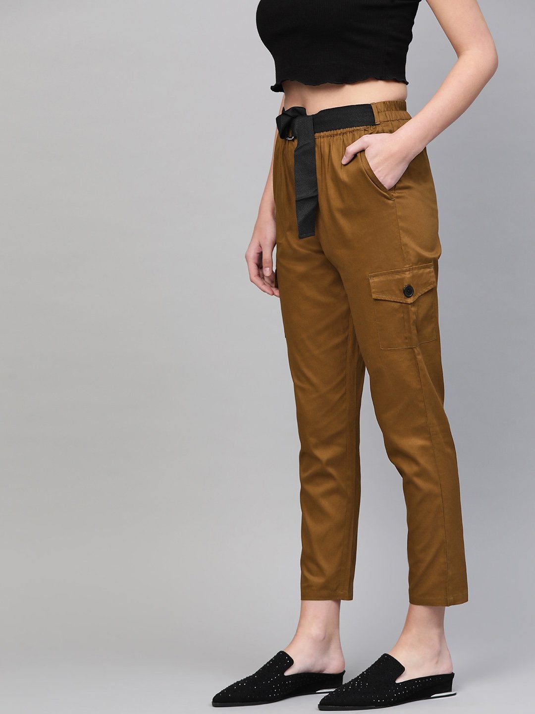 Women's Brown Tapered Belted Pants - SASSAFRAS