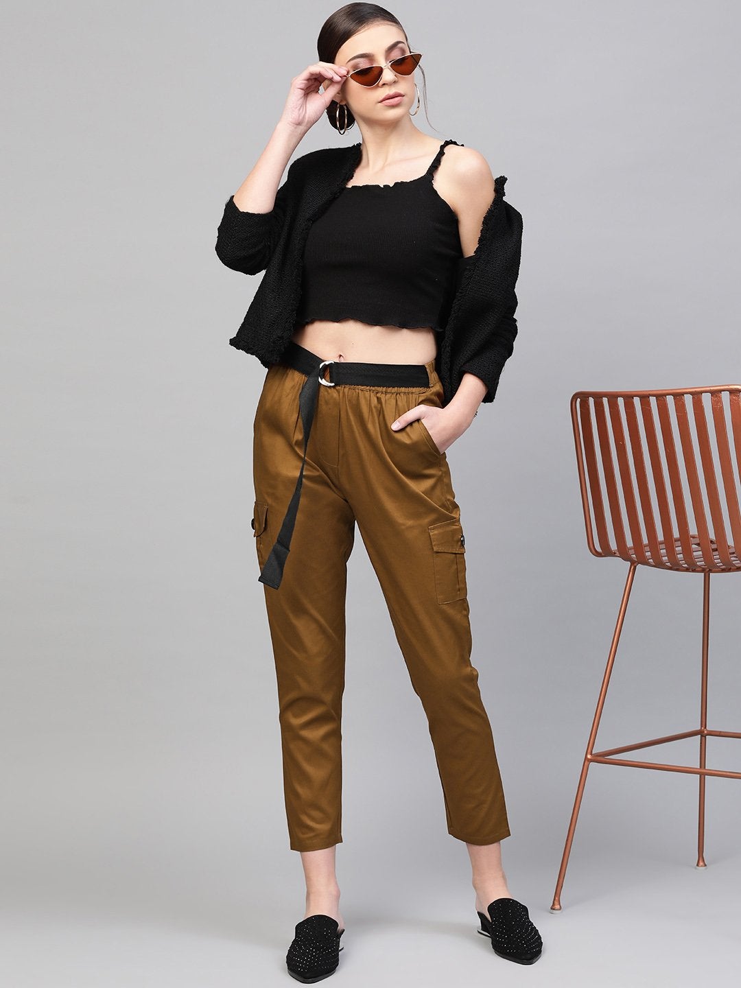 Women's Brown Tapered Belted Pants - SASSAFRAS