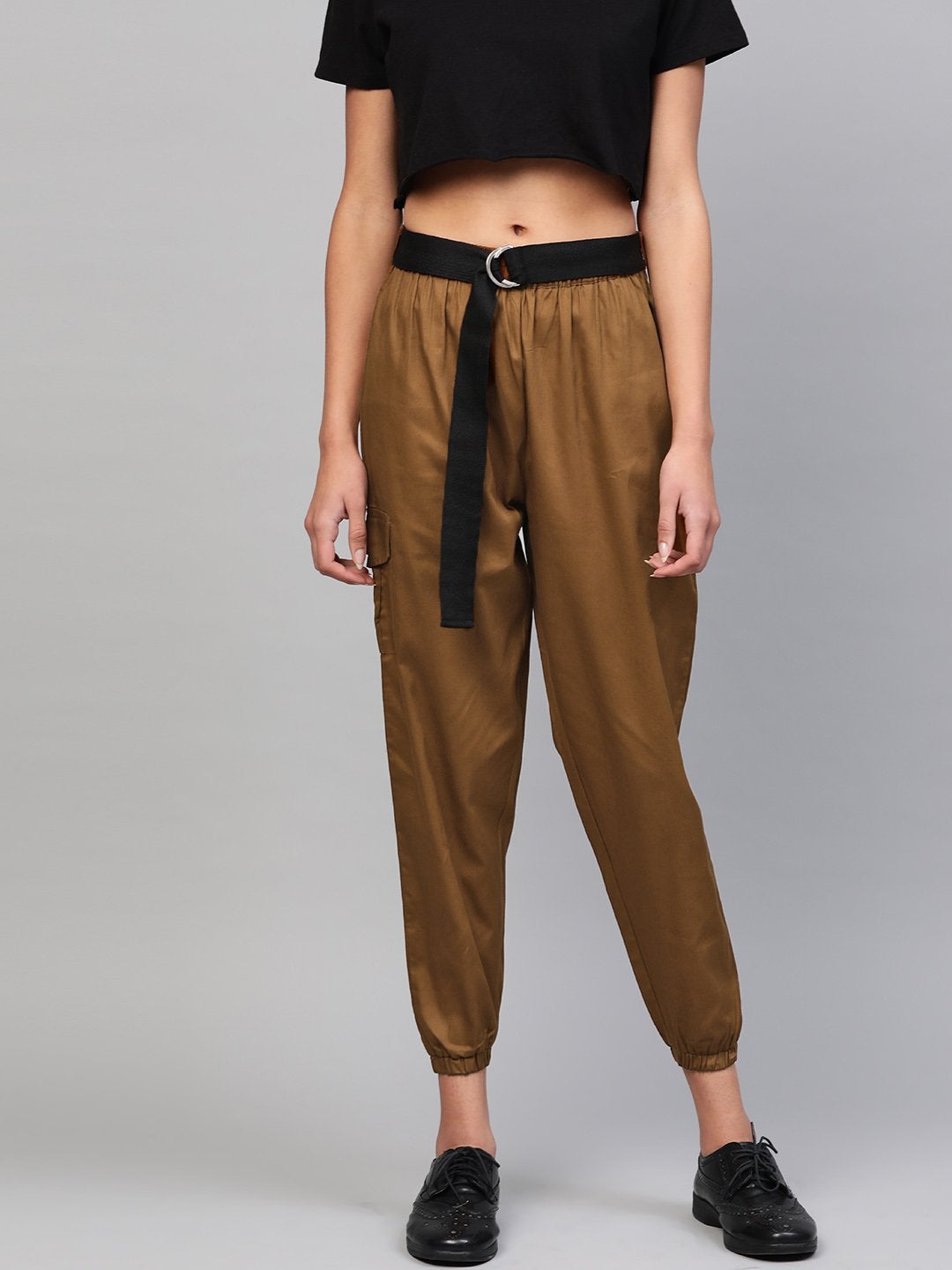 Women's Brown Jogger Belted Pants - SASSAFRAS