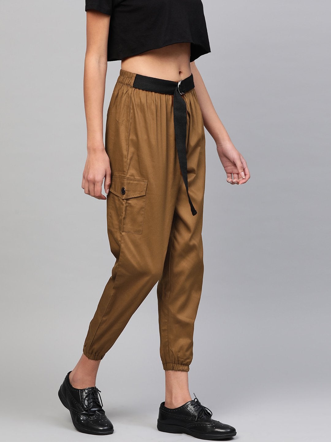 Women's Brown Jogger Belted Pants - SASSAFRAS