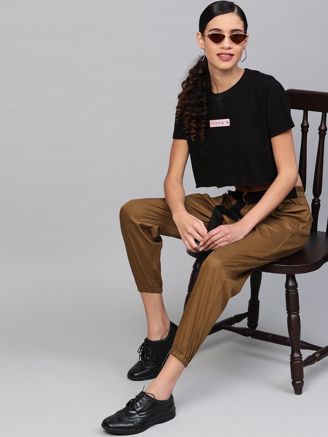 Women's Brown Jogger Belted Pants - SASSAFRAS