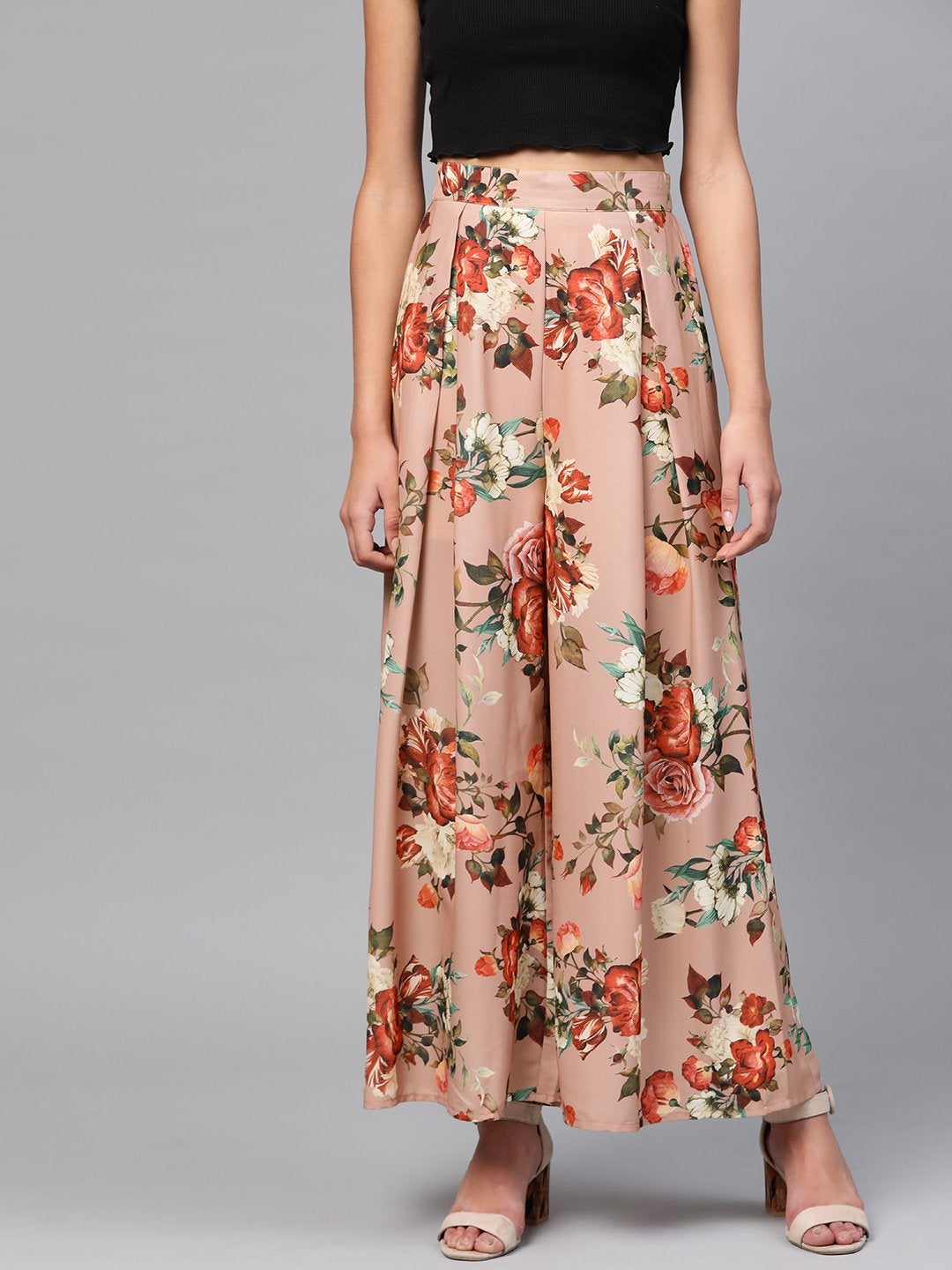 Women's Peach Floral Flared Palazzos - SASSAFRAS