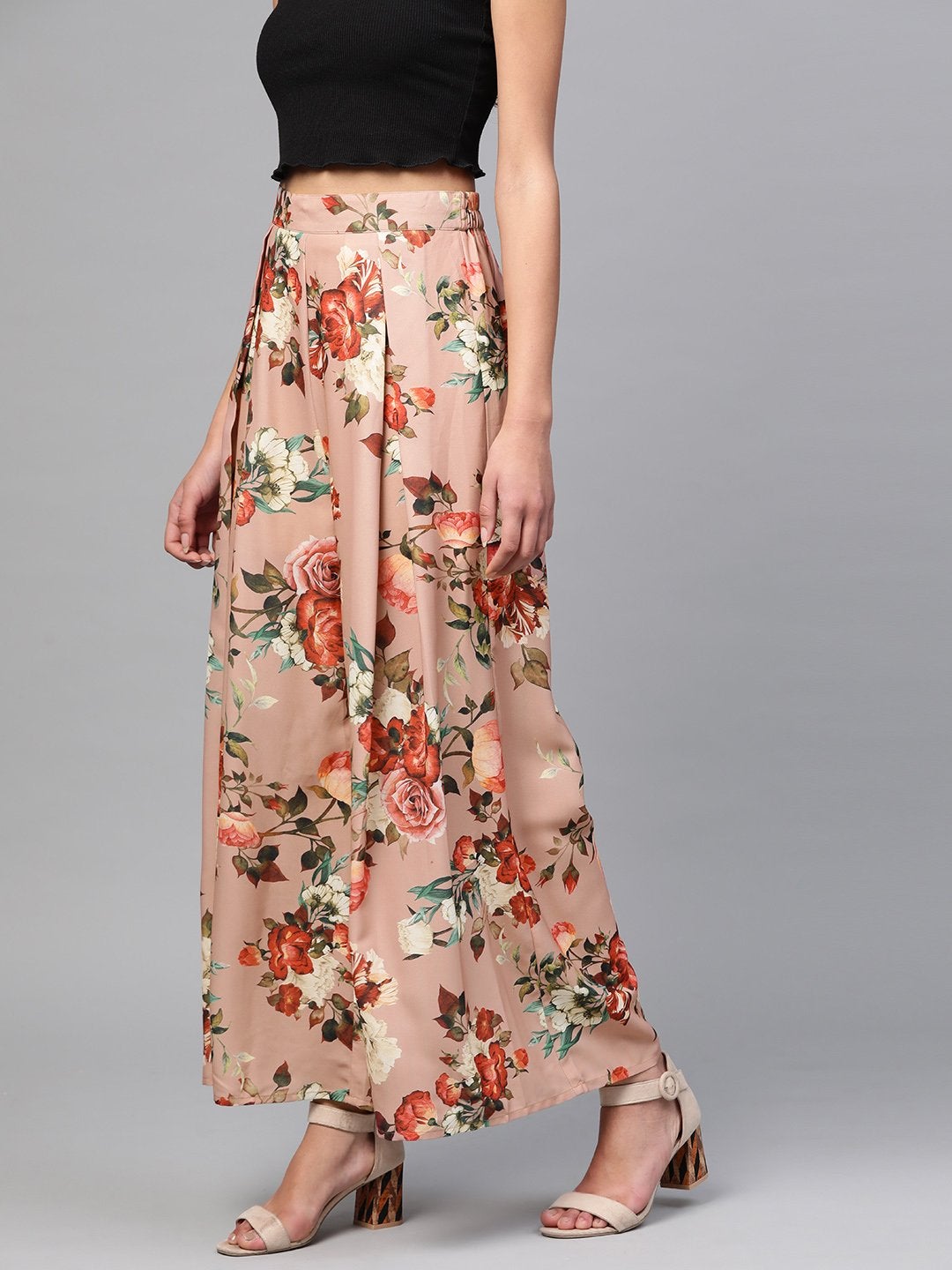 Women's Peach Floral Flared Palazzos - SASSAFRAS