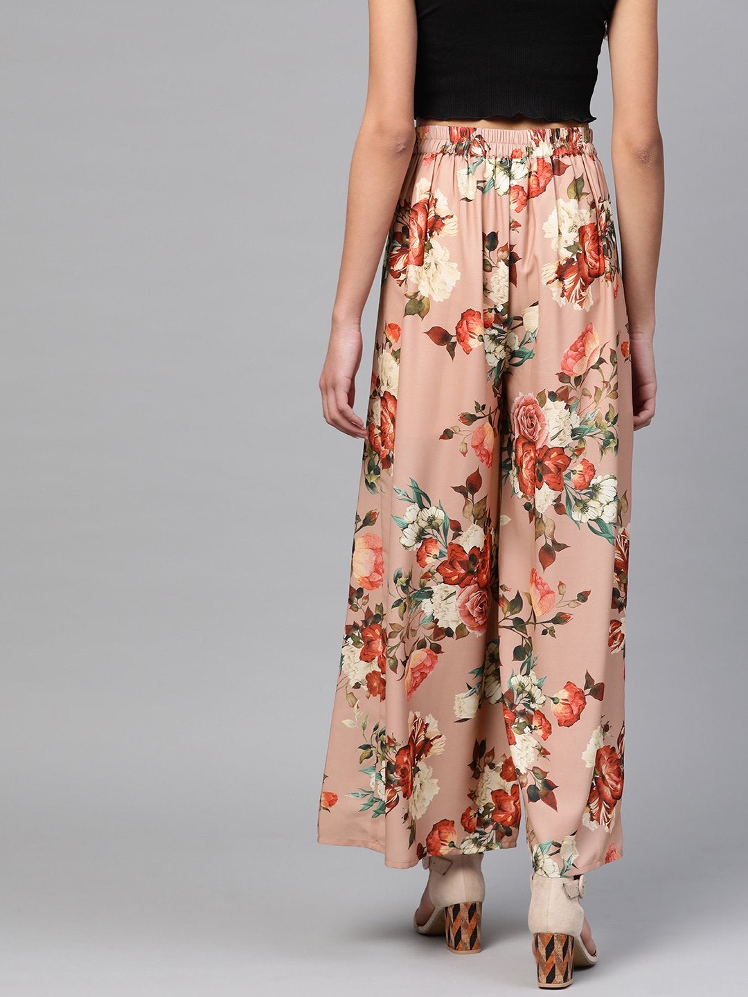 Women's Peach Floral Flared Palazzos - SASSAFRAS