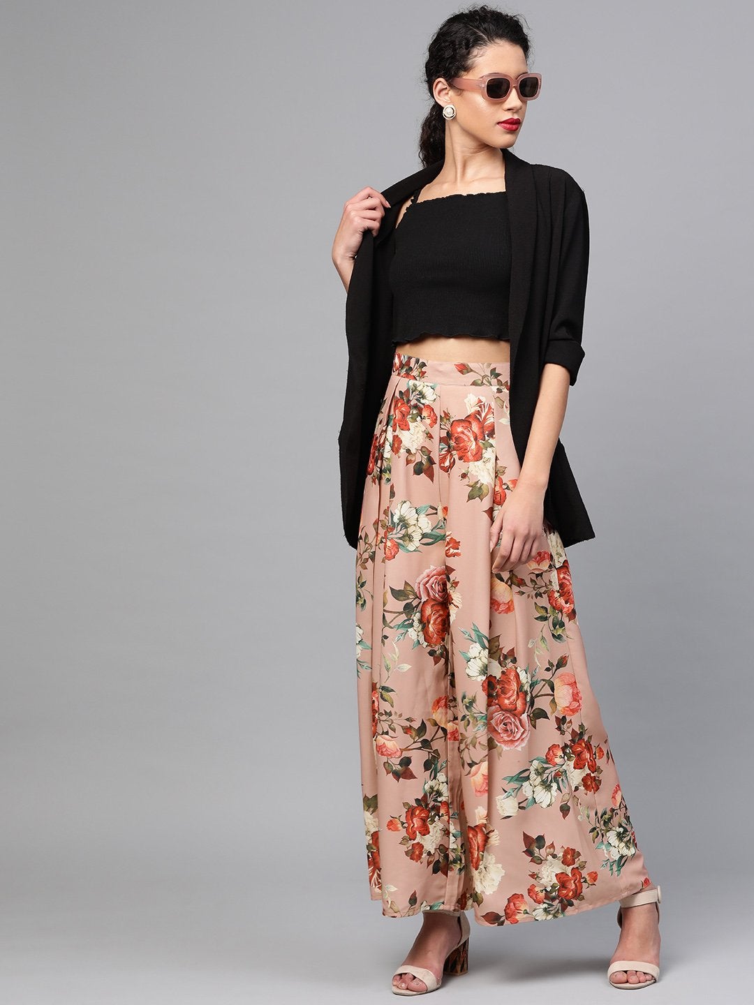 Women's Peach Floral Flared Palazzos - SASSAFRAS