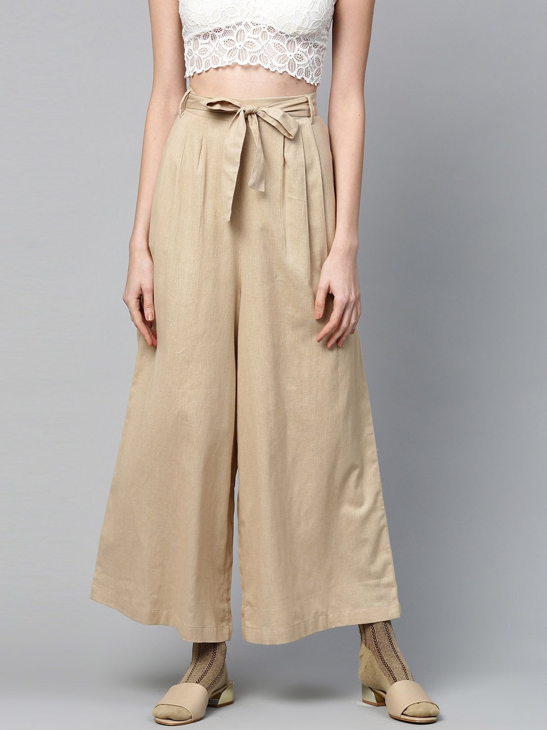 Women's Beige Pleated Palazzo - SASSAFRAS