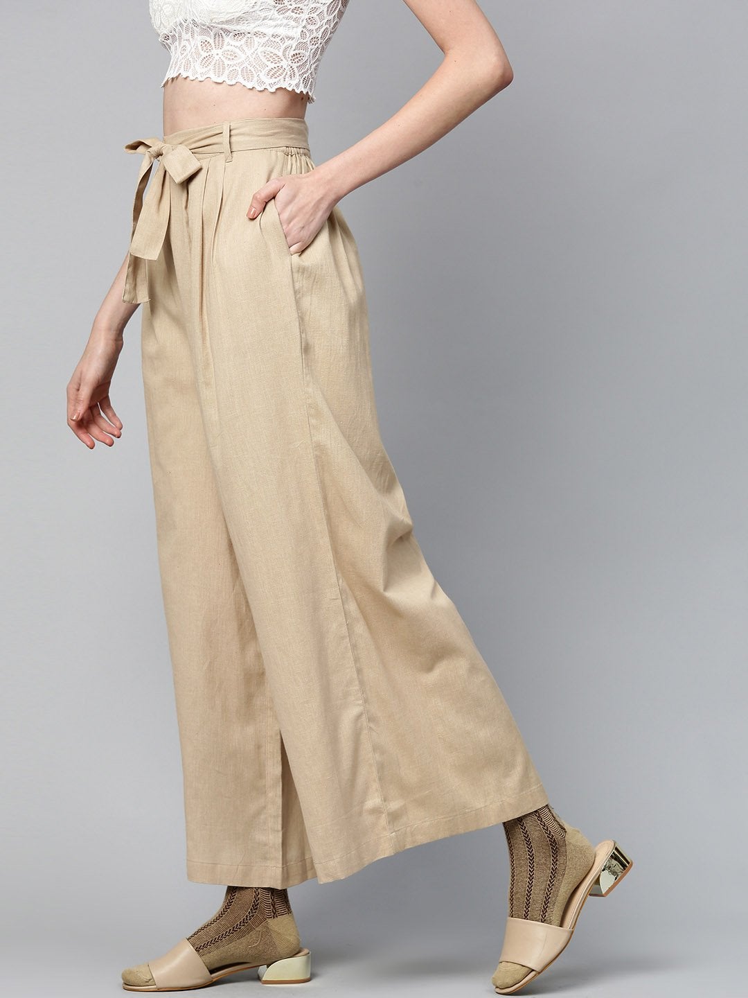 Women's Beige Pleated Palazzo - SASSAFRAS