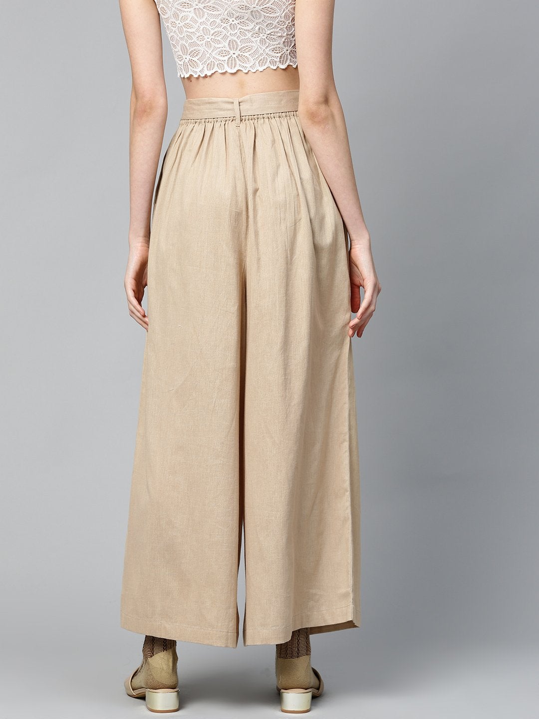 Women's Beige Pleated Palazzo - SASSAFRAS