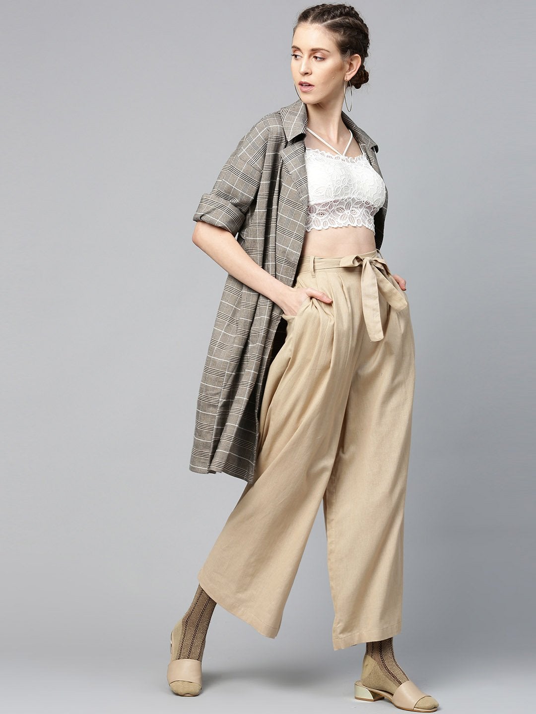 Women's Beige Pleated Palazzo - SASSAFRAS