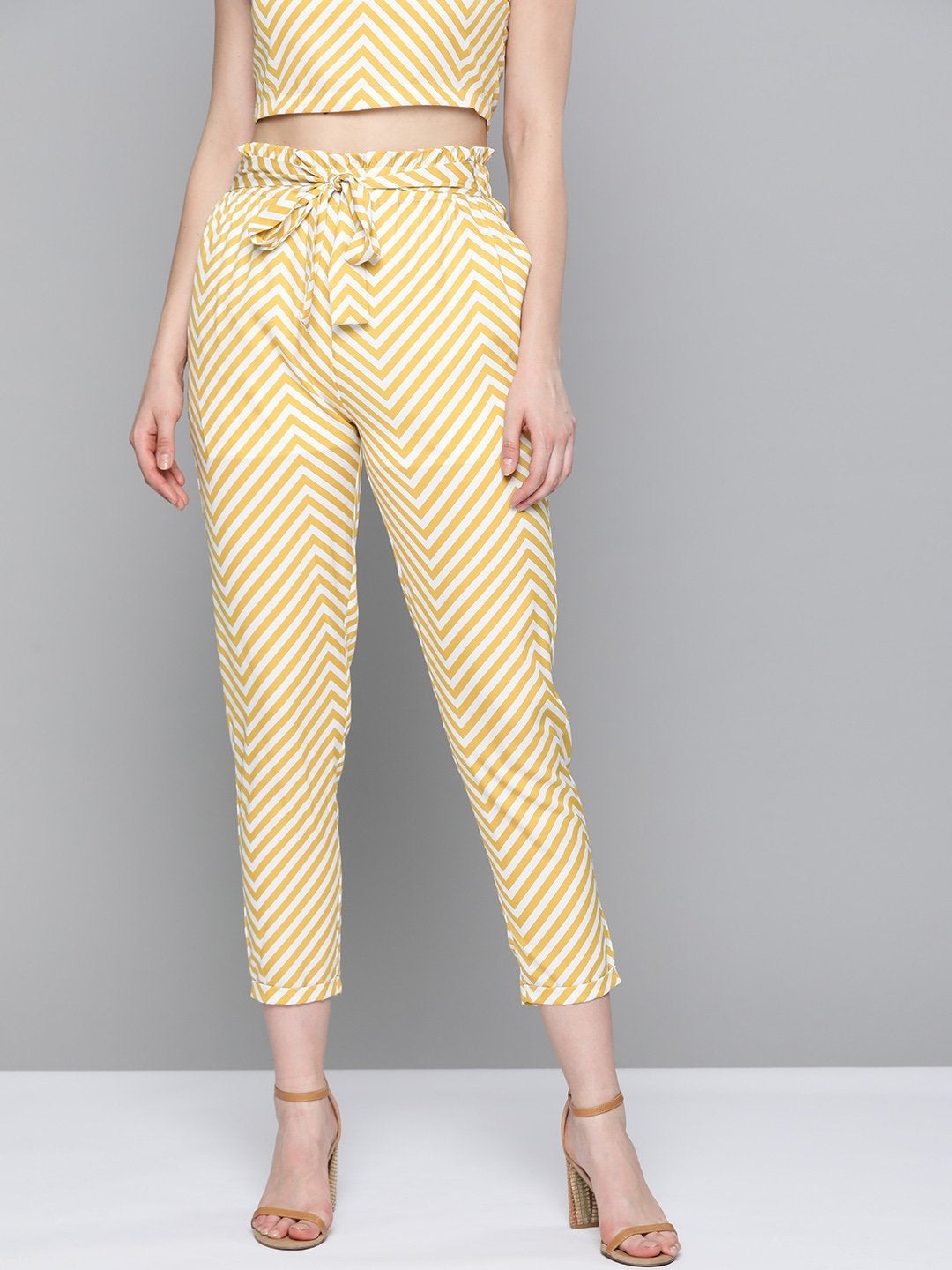 Women's Mustard Chevron Tapered Belted Pant - SASSAFRAS