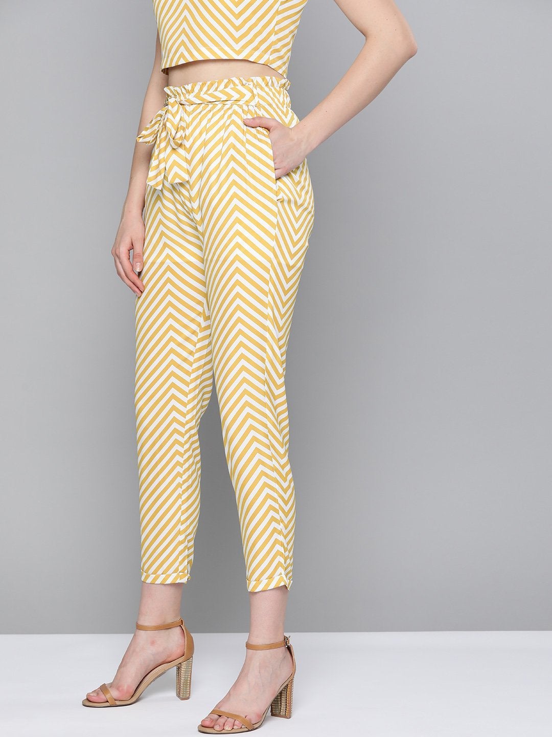 Women's Mustard Chevron Tapered Belted Pant - SASSAFRAS