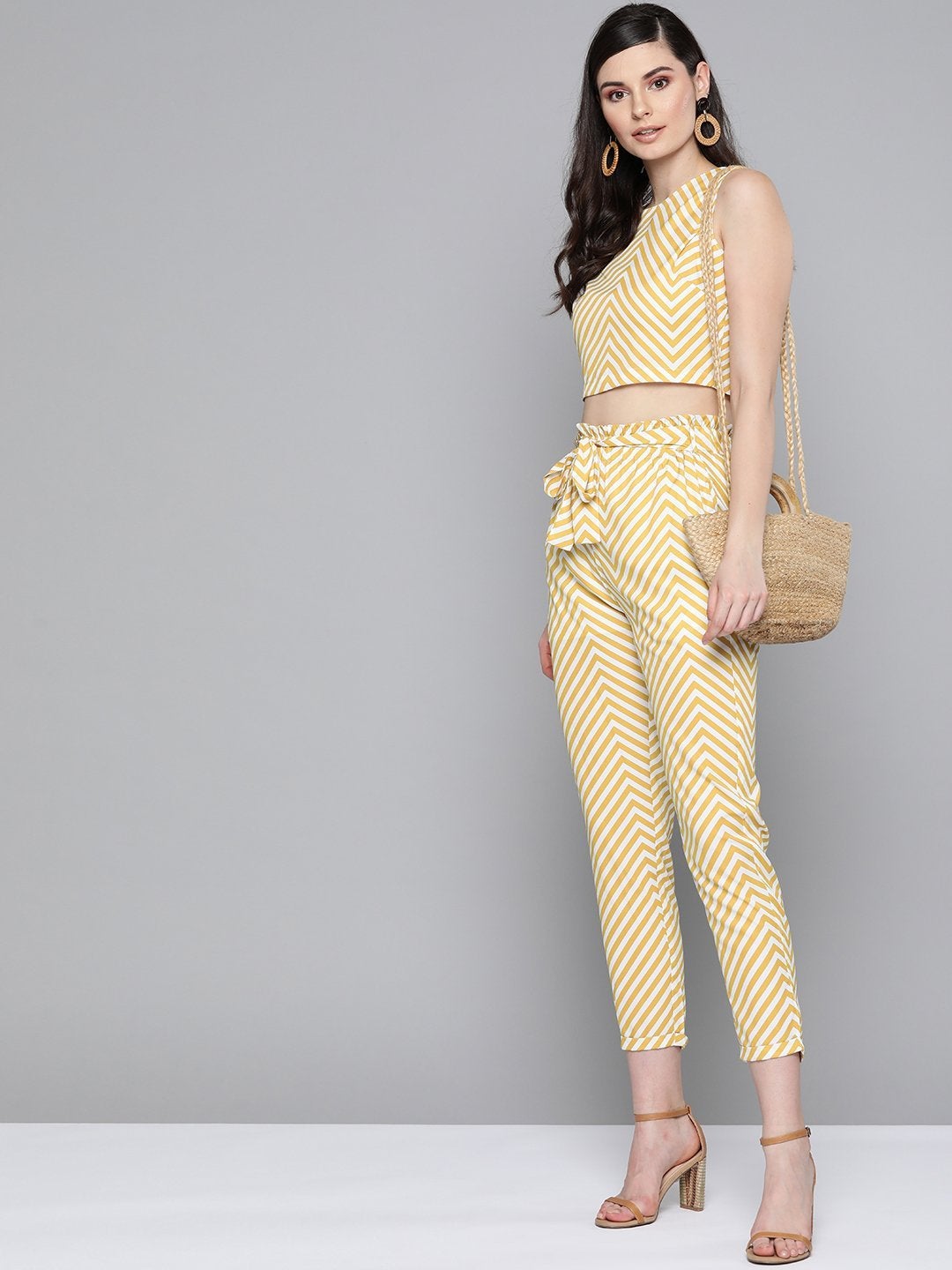 Women's Mustard Chevron Tapered Belted Pant - SASSAFRAS