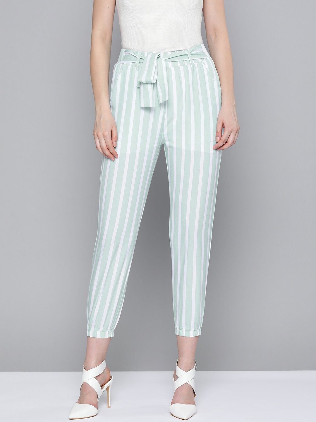 Women's Sea Green Stripe Belted Jogger - SASSAFRAS