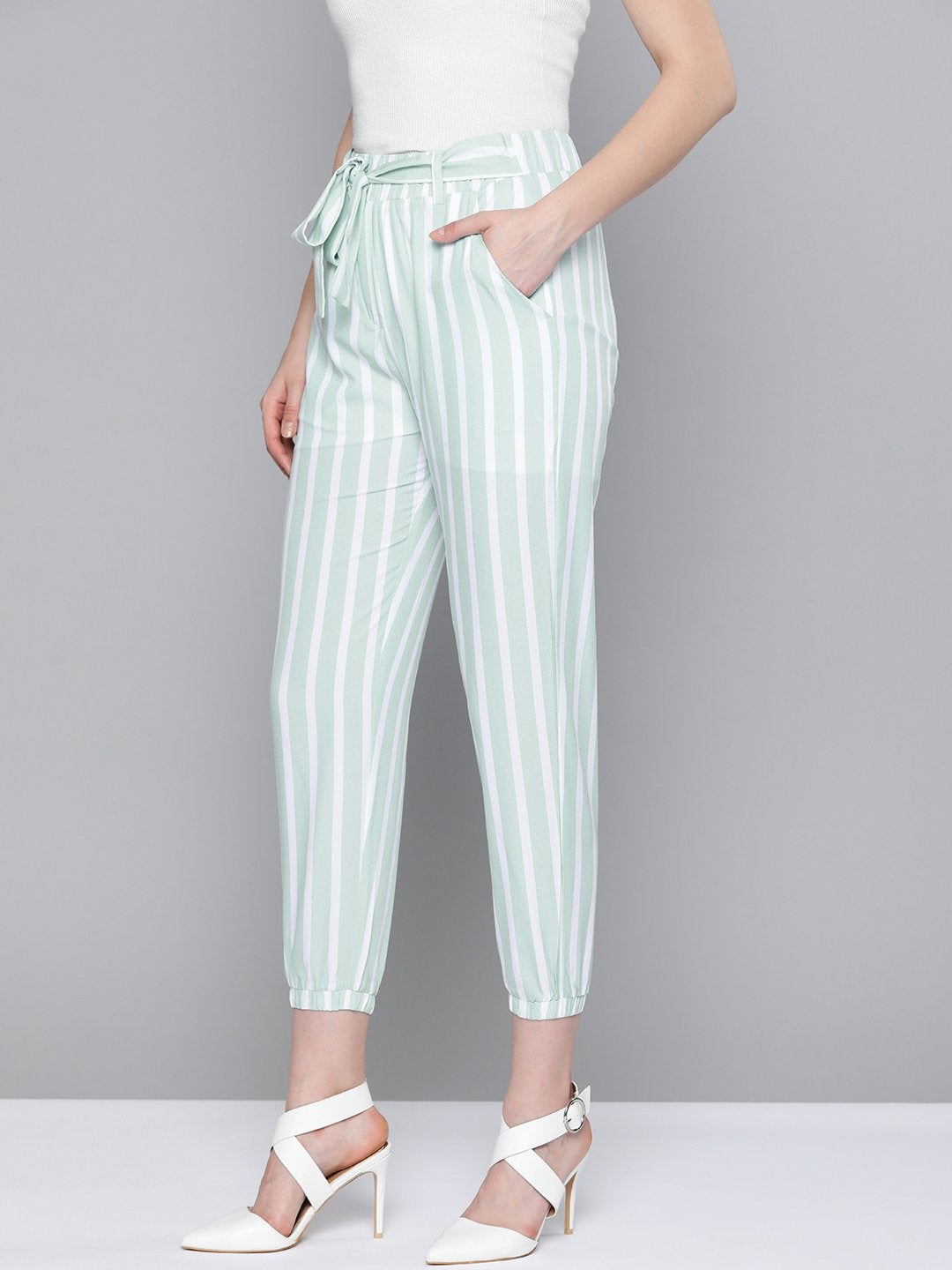 Women's Sea Green Stripe Belted Jogger - SASSAFRAS