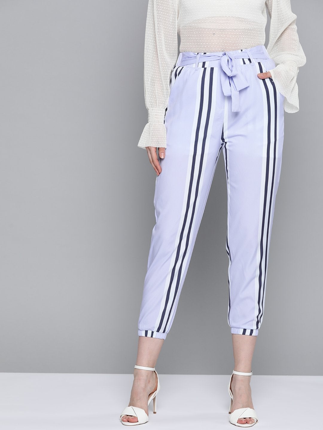 Women's Lavender Stripe Belted Jogger - SASSAFRAS