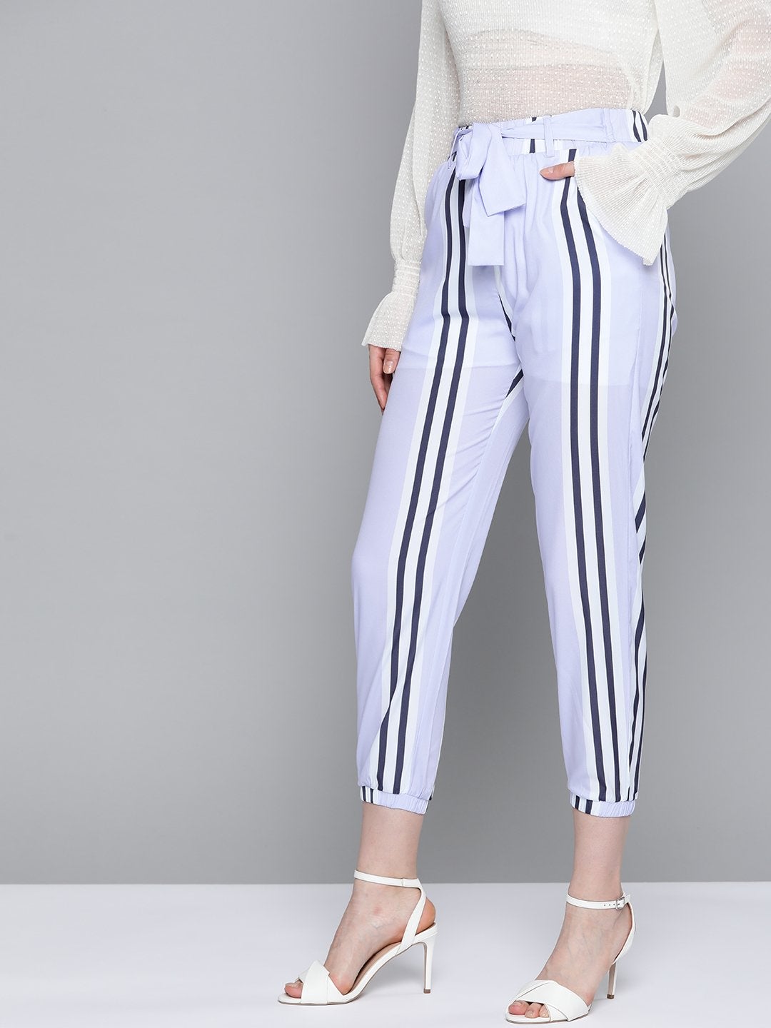 Women's Lavender Stripe Belted Jogger - SASSAFRAS