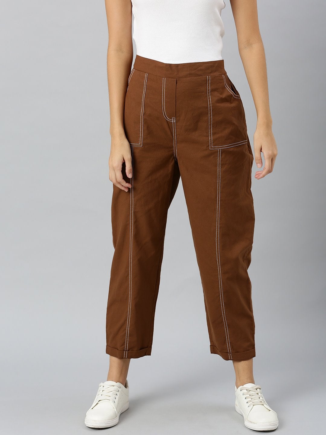 Women's Brown Contrast Seam Roll Up Bottom Pants - SASSAFRAS