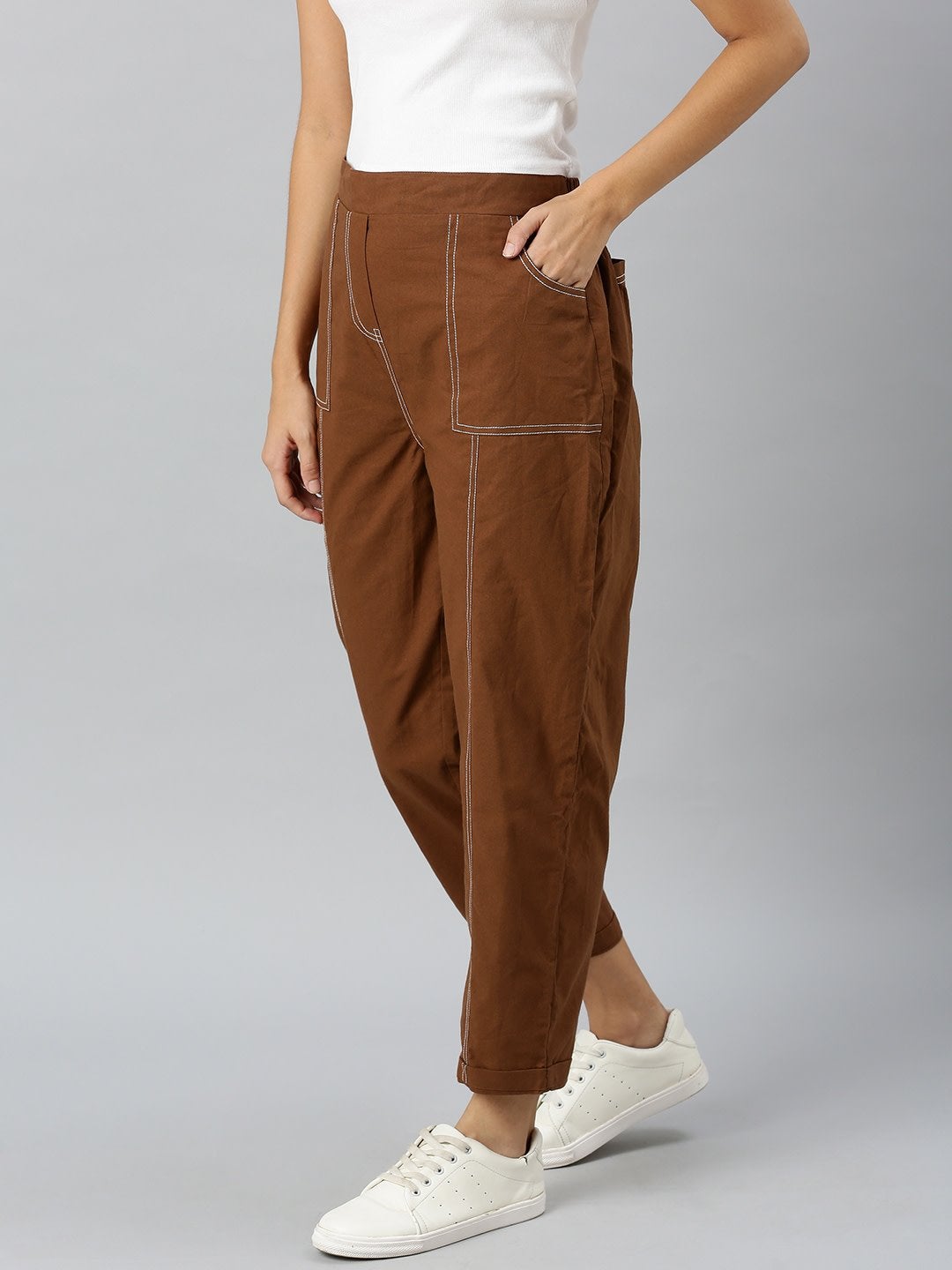 Women's Brown Contrast Seam Roll Up Bottom Pants - SASSAFRAS