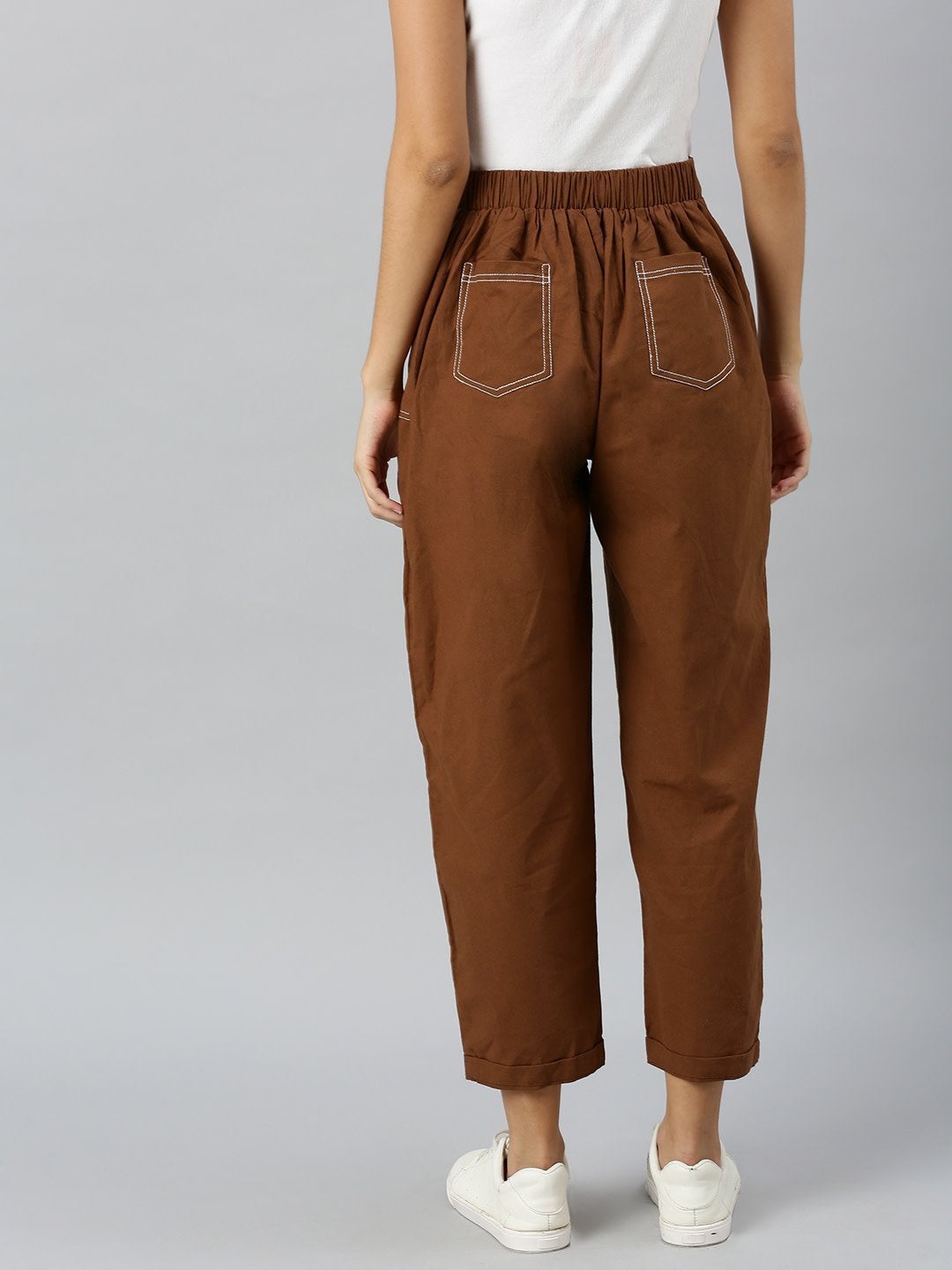 Women's Brown Contrast Seam Roll Up Bottom Pants - SASSAFRAS