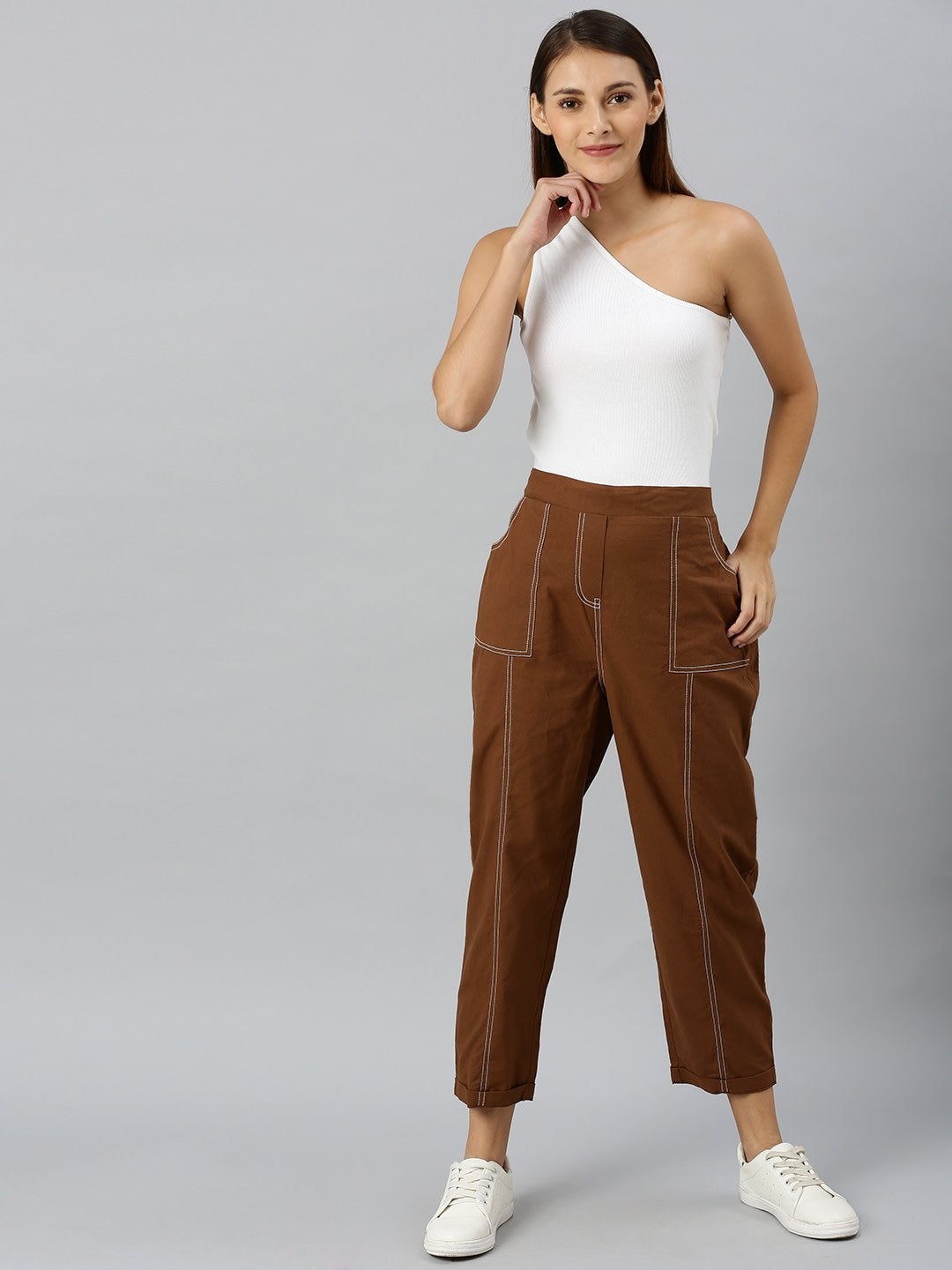 Women's Brown Contrast Seam Roll Up Bottom Pants - SASSAFRAS