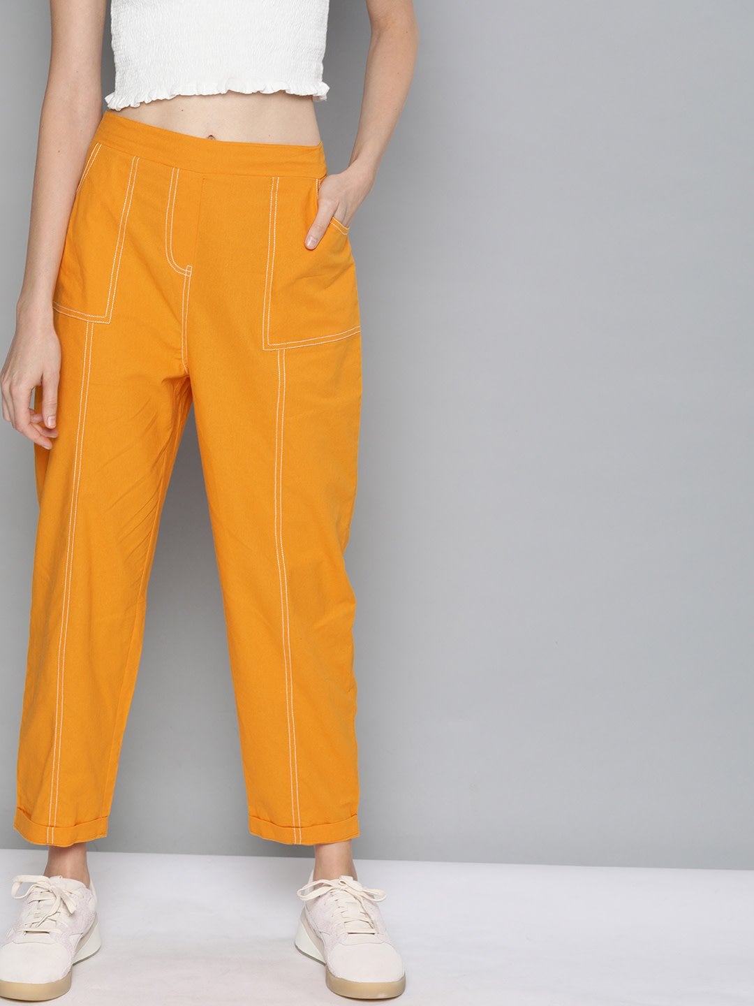 Women's Mustard Contrast Seam Roll Up Bottom Pants - SASSAFRAS