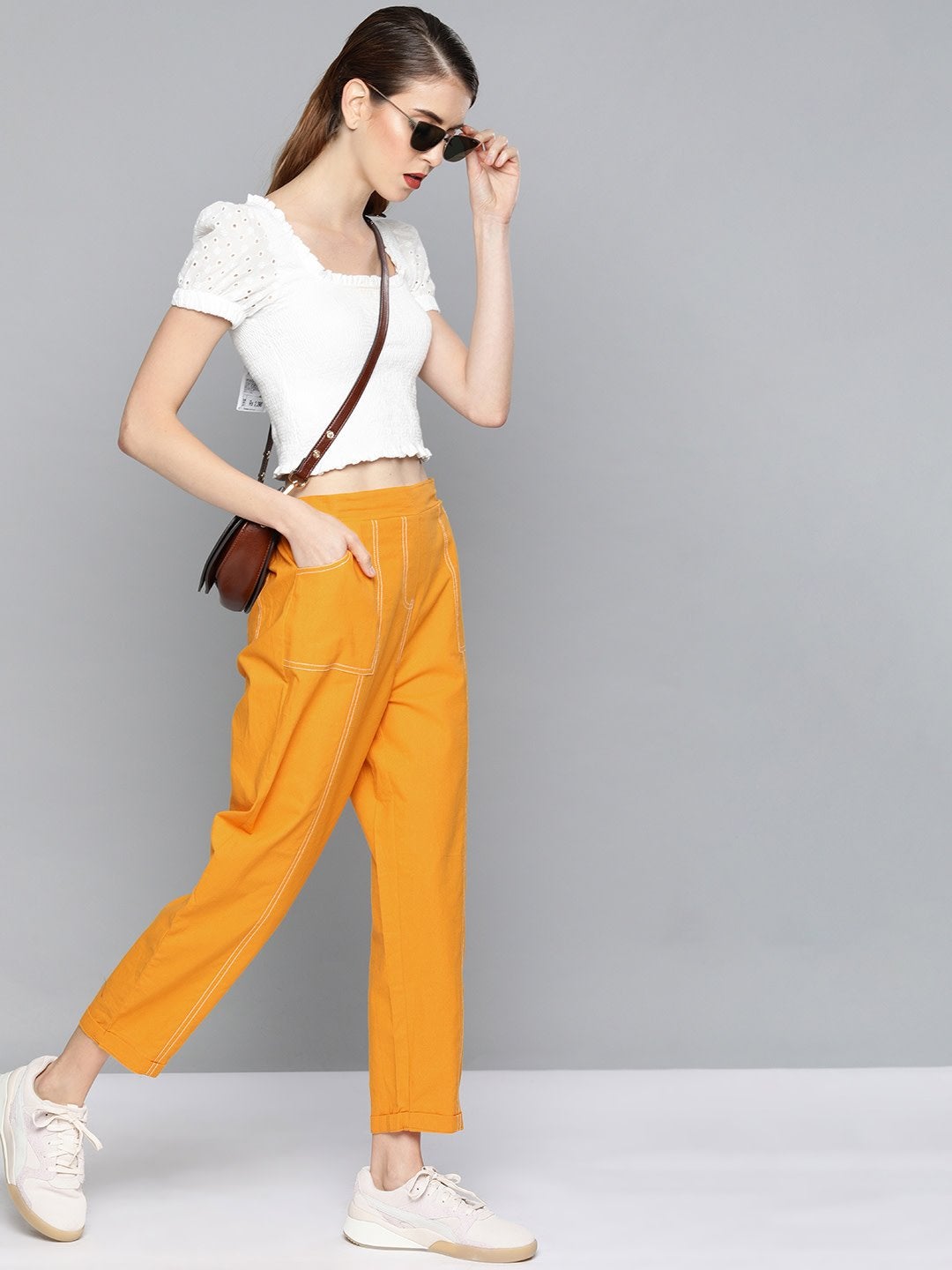 Women's Mustard Contrast Seam Roll Up Bottom Pants - SASSAFRAS