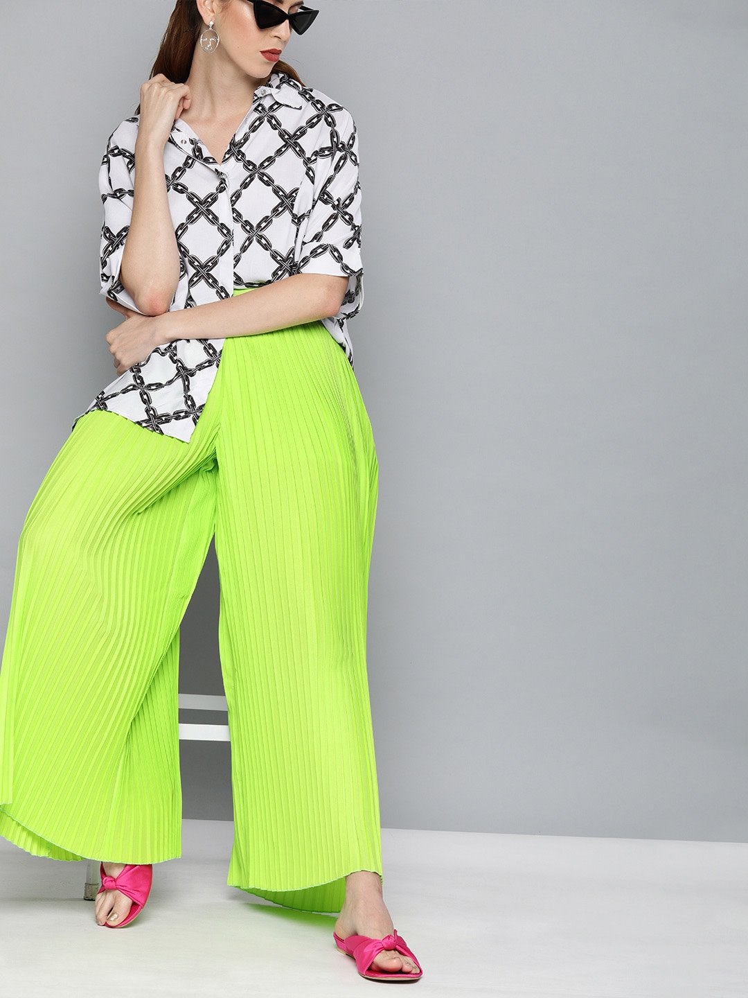 Women's Neon Green Pleated Pant - SASSAFRAS