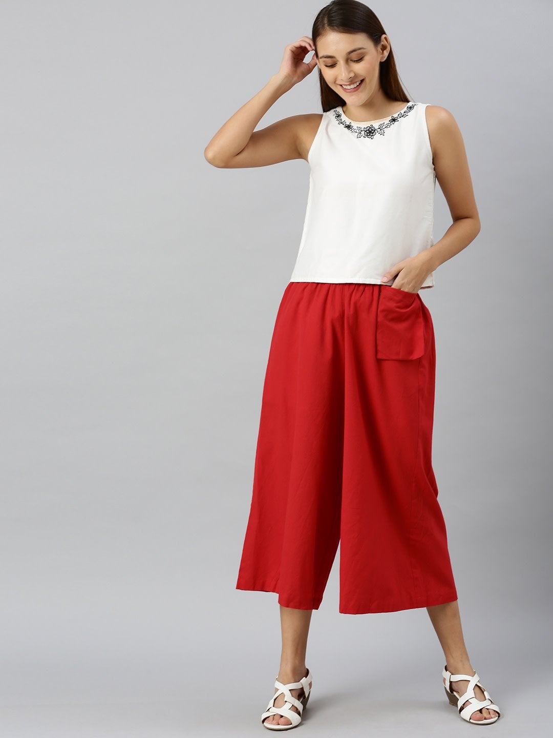 Women's Red Pocket Bag Flare Pant - SASSAFRAS