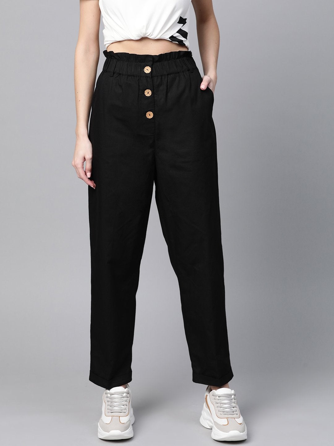 Women's Black Front Button Tapered Pants - SASSAFRAS