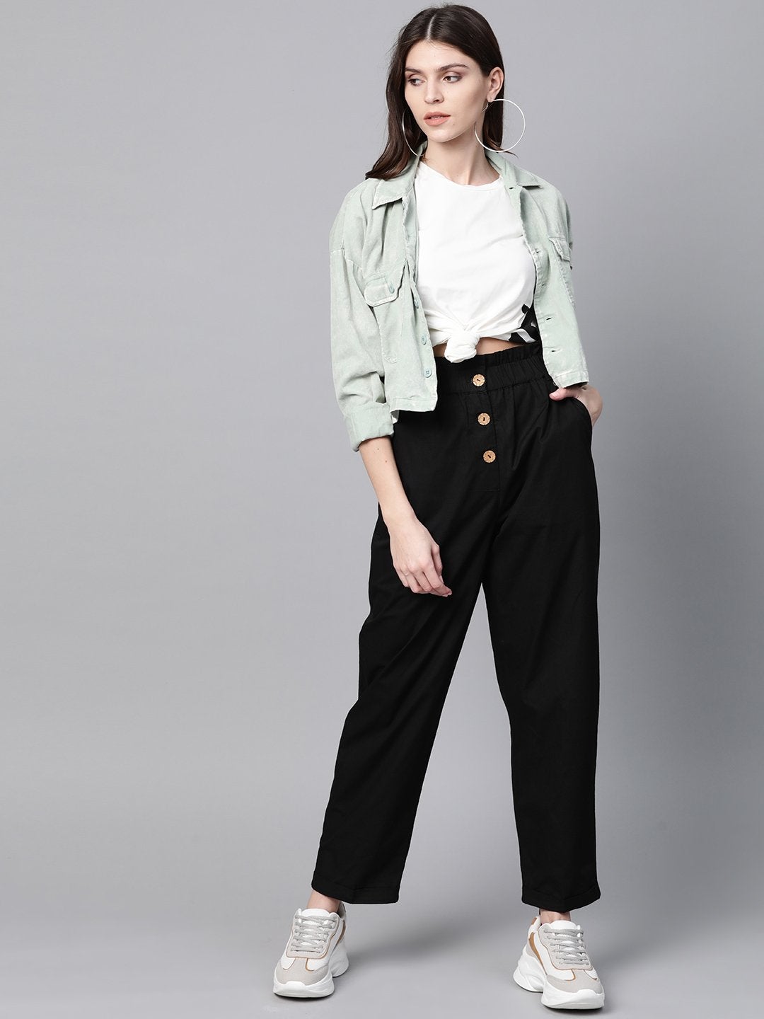 Women's Black Front Button Tapered Pants - SASSAFRAS